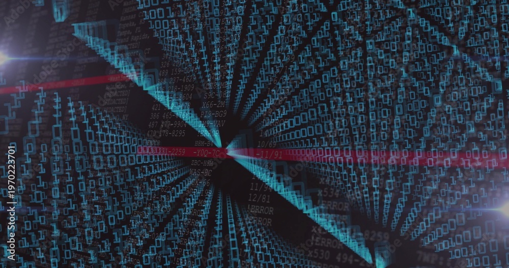 Fototapeta premium Pulsing central digital vortex forming deep data tunnel, with teal binary, red scanlines, ERROR