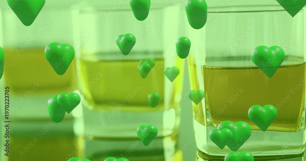 Fototapeta premium Showing two clear square tumblers filled with amber liquid on glossy counter, green hearts hovering