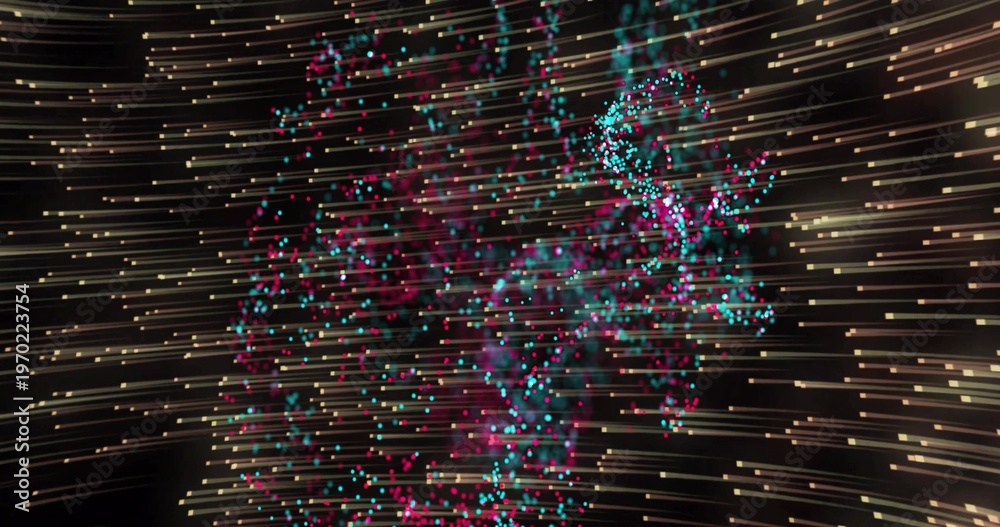 Fototapeta premium Swirling particle cloud pulsing through black space, streaking gold light and cyan magenta wisps