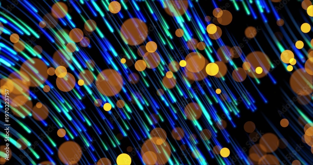 Fototapeta premium Glowing diagonal neon light streaks streaming in black studio backdrop, showing warm orange bokeh