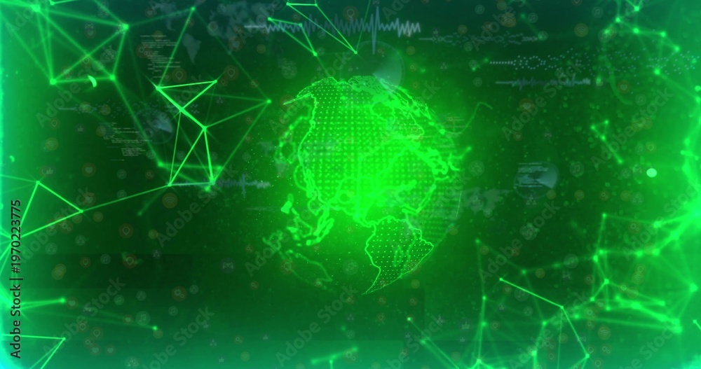 Naklejka premium Glowing digital globe pulsing inside virtual cyberspace interface, with HUD overlays and nodes