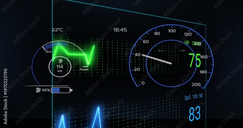 Fototapeta premium Displaying transparent glass-like panel at cockpit studio, showing 114 km or h, 75 HR, SpO2 83