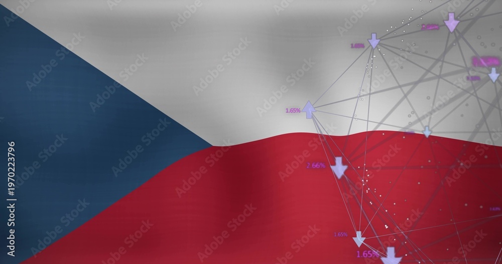 Fototapeta premium Displaying stylized Czech Republic flag waving on muted gray, revealing network mesh overlay