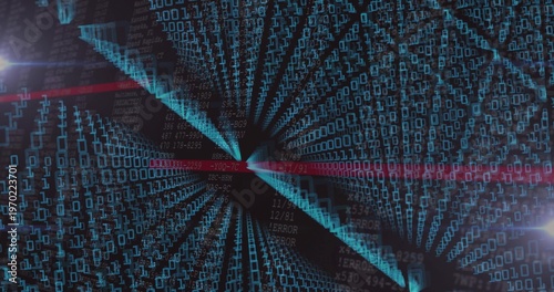 Pulsing central digital vortex forming deep data tunnel, with teal binary, red scanlines, ERROR