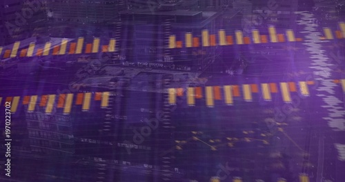 Displaying two parallel rows orange bars over cityscape with violet overlays, window grids and blur