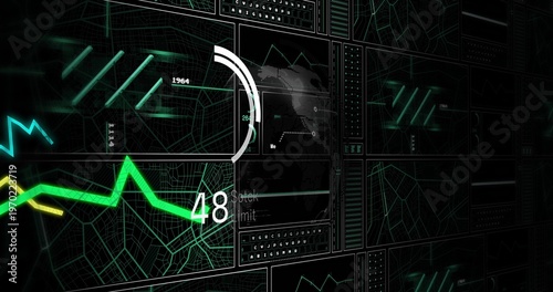 Displaying neon green zigzag graph with small yellow segment and numeric 48 on digital panel wall