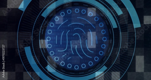 Displaying fingerprint HUD at center pulsing with rings, binary stream, soft blocks, plaid backdrop
