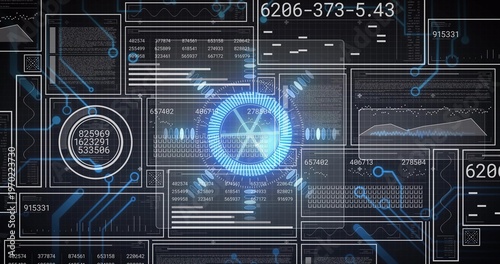 Pulsing central HUD element glowing on virtual control dashboard, showing left gauge, data panels