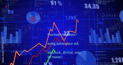 Showing orange zigzag line chart rising in digital dashboard, displaying green arrow bars pies code
