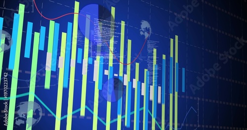 Showing neon bars and candlesticks on deep blue grid, with red-blue trend lines, circular overlays