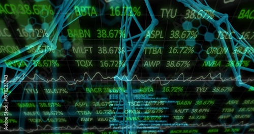Arching translucent cyan 3D network sweeping across dashboard, with green tickers and percentages
