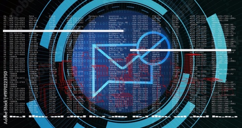 Scanning central envelope icon pulsing inside cyber dashboard, with HUD rings and code columns