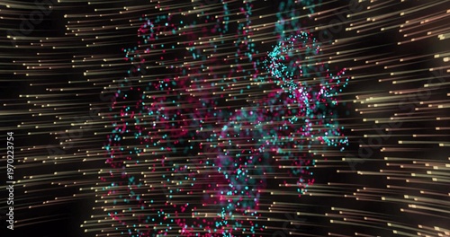 Swirling particle cloud pulsing through black space, streaking gold light and cyan magenta wisps