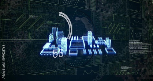 Projecting centered holographic 3D model hovering over virtual display, with arc HUD and waveforms