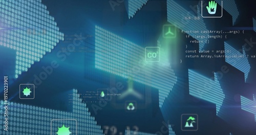 Displaying centered dotted arrows and floating green eco icons on virtual tech dashboard, with code