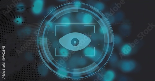 Displaying teal eye icon pulsing in HUD rings and focus brackets on interface, globe motif present