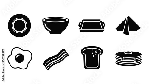 A collection of black silhouettes depicting breakfast items like eggs bacon pancakes and camping gear silhouette high quality professional detailed modern