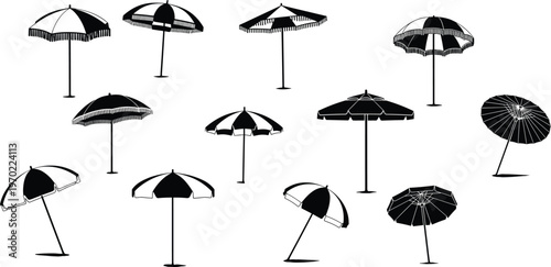 Beach umbrella silhouettes set with various parasol shapes black summer shade collection for travel resort design decoration and outdoor vacation concept