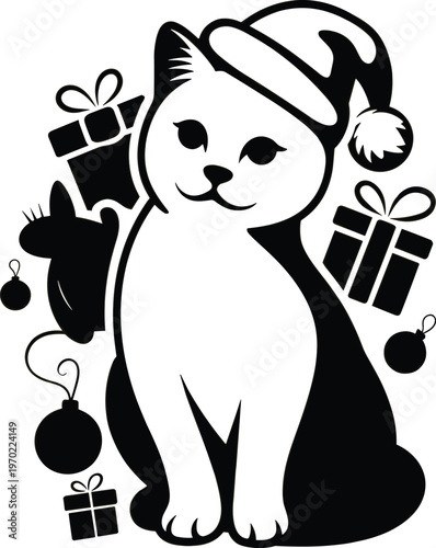 Christmas cat silhouette vector, cute kitten wearing Santa hat with gifts and ornaments, festive holiday design, black and white illustration