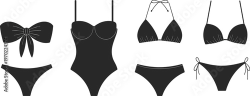 Collection of black bikini and swimsuit silhouettes featuring one piece and two piece beachwear isolated on white background for summer fashion and retail design projects.
