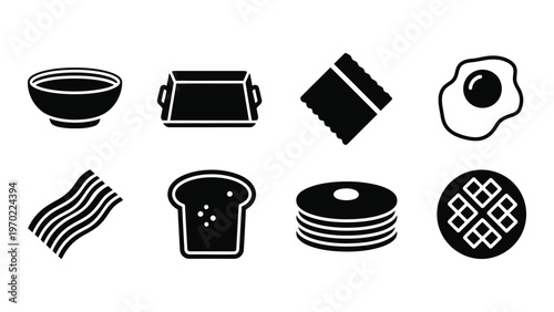 A collection of breakfast food icons in black including eggs bacon toast and pancakes shown as a silhouette high quality professional