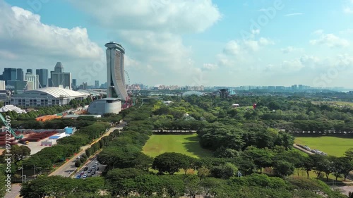 Marina bay, Singapore: Aerial view of famous island country and city-state - landscape panorama of Southeast Asia from above
