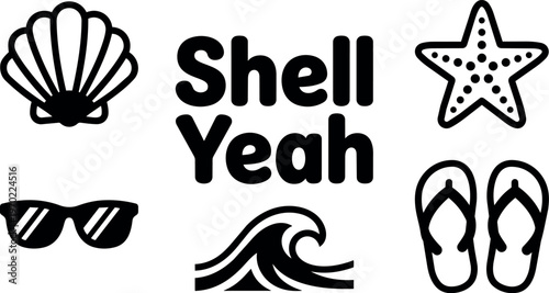 Shell yeah summer beach icons with sunglasses starfish wave and flip flops