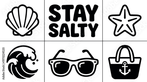 Stay salty phrase with seashell starfish wave sunglasses and anchor bag line art