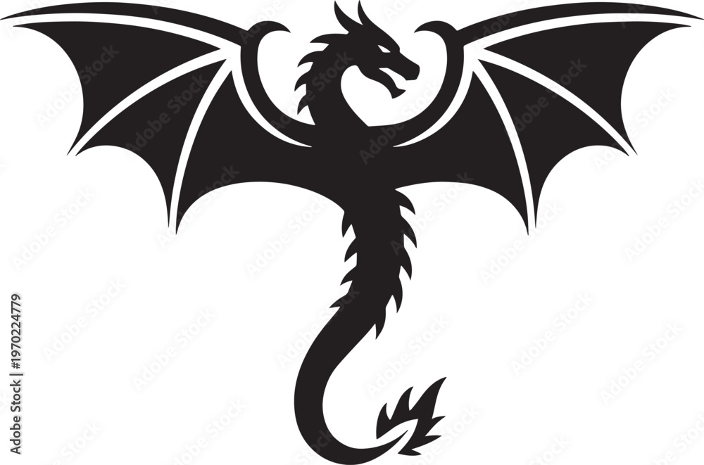 Naklejka premium Silhouette of a mythical winged dragon in a powerful, fearsome pose