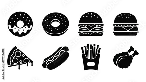 A collection of fast food icons including donuts burgers pizza hotdogs fries and chicken silhouette high quality professional detailed modern elegant