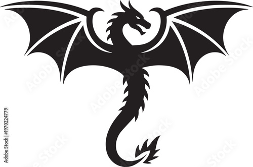 Silhouette of a mythical winged dragon in a powerful, fearsome pose