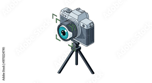 Isometric Illustration of a Digital Camera with a Human Eye Lens on a Tripod, AI Surveillance, Computer Vision, and Smart Monitoring Technology Concept