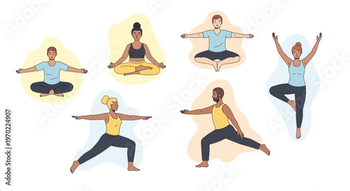 Diverse group of people practicing various yoga poses in a serene environment.