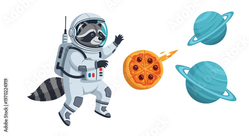 Raccoon astronaut in space throws pizza towards planets with rings.