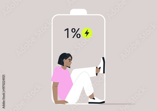 A character representing low energy status sits inside a large battery outline, They appear tired and overwhelmed, symbolizing the burnout and life's demands