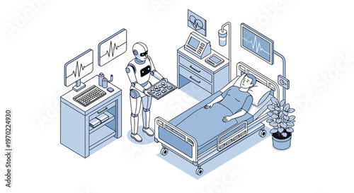 Isometric AI Robot Nurse Assistant Caring for Patient in Hospital Room Illustration