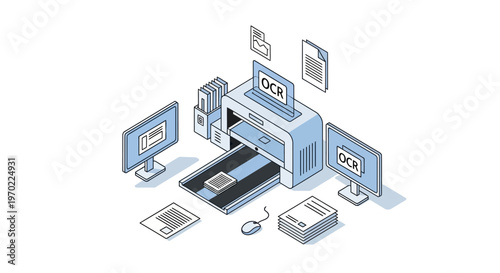 OCR Optical Character Recognition Isometric Illustration of Document Scanning and Digital Data Automation Process in Paperless Office Environment
