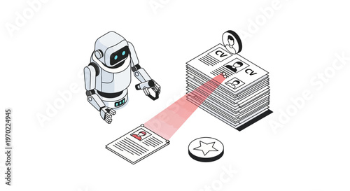 AI Robot Scanning Resumes for Automated Recruitment and Hiring Process - Isometric HR Technology Illustration