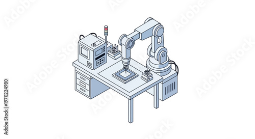 Isometric Industrial Robotic Arm Assembling Microchip on Modern Workbench Illustration