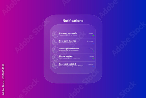 Glassmorphism notifications screen UI, mobile banking app alert panel interface, modern notification center design