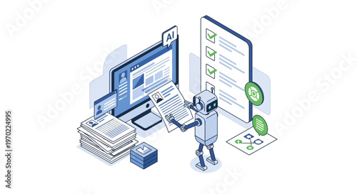 AI Robot Screening Resumes for Recruitment and Automated Hiring Process. Isometric Illustration of HR Technology, Applicant Tracking System, and Talent Acquisition.