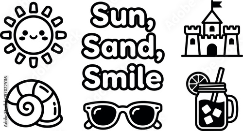 Sun sand smile text with cute sun shell sunglasses sandcastle and drink icons