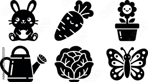 Black and white cute bunny carrot butterfly cabbage flower pot and watering can vector art