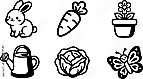 Cute bunny carrot flowerpot watering can cabbage and butterfly line art vector icons