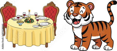 Dining table setup and tiger cartoon vector illustration, restaurant scene with animal character, flat design elements isolated on white background