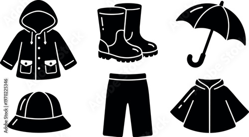 Black silhouette raincoat hat boots umbrella and pants vector art