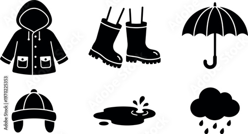 Black silhouette raincoat rubber boots umbrella rain hat puddle rain cloud vector art