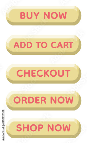 Soft Pastel Yellow 3D E-commerce Button Set with Pink Typography, Minimal Glossy Rounded UI Elements with Buy Now Add to Cart Checkout Order Now Shop Now Text Labels, Cute Clean Interface Design