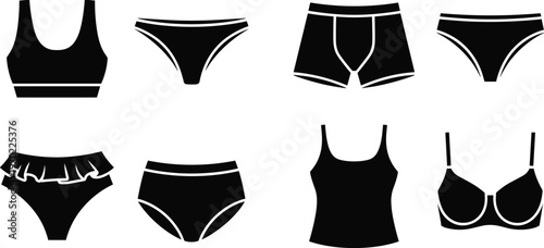 Collection of black undergarment and swimwear silhouettes featuring bras panties boxers and tank tops isolated on white background for fashion and retail design projects.