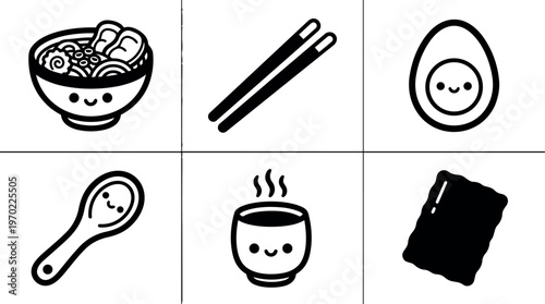 Cute black and white ramen bowl chopsticks boiled egg spoon cup and seaweed icons